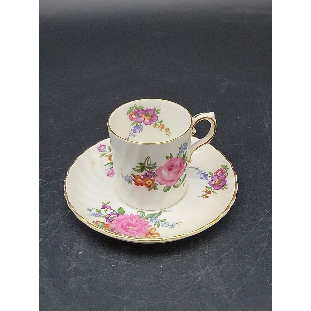 Aynsley Pink Rose Flower Bouquet Demitasse Cup & Saucer - English Bone China Vtg